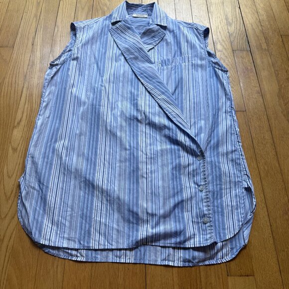 Nina Ricci Size S Blue & White Striped Criss Cross Sleeveless Wrap Blouse Top - Picture 11 of 16